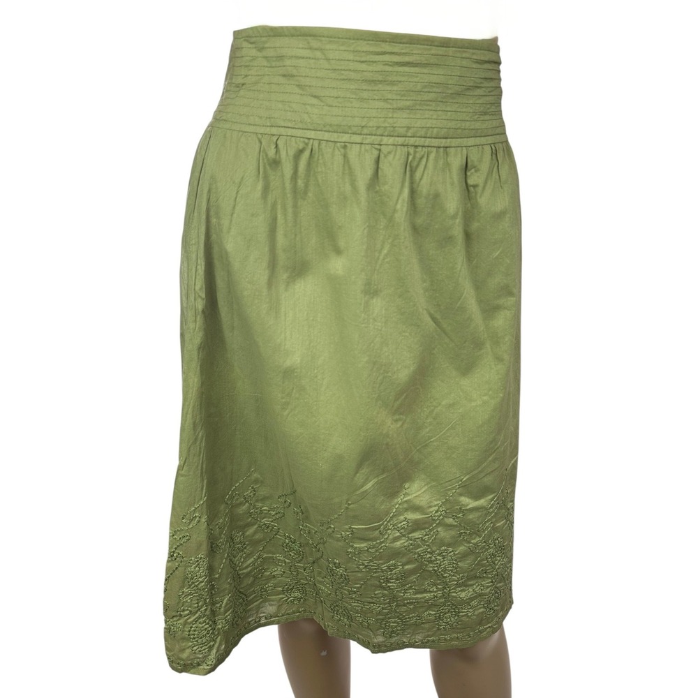 Merona A-Line Skirt Olive Green Cotton Embroidered Hem Size 10 Long Sleeve